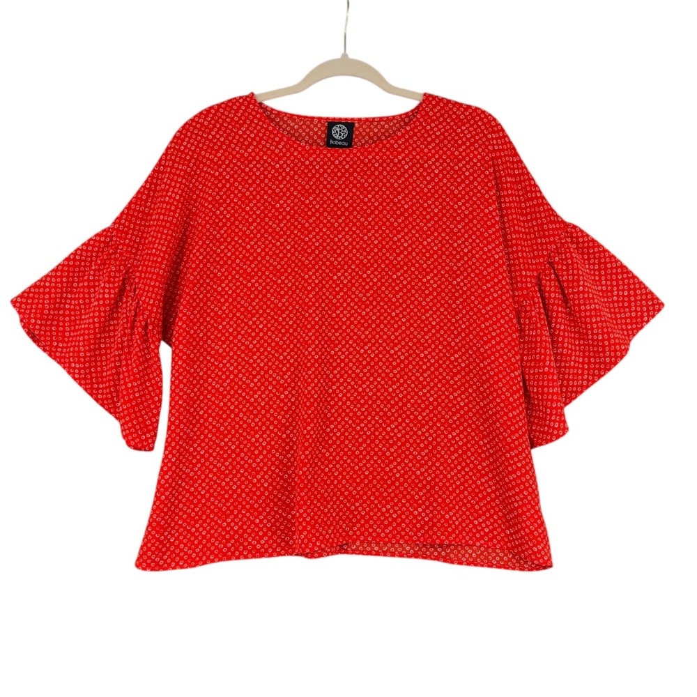 Boboeau Women Red White‎ Geometric Print Bell Sleeve Blouse Top Size S